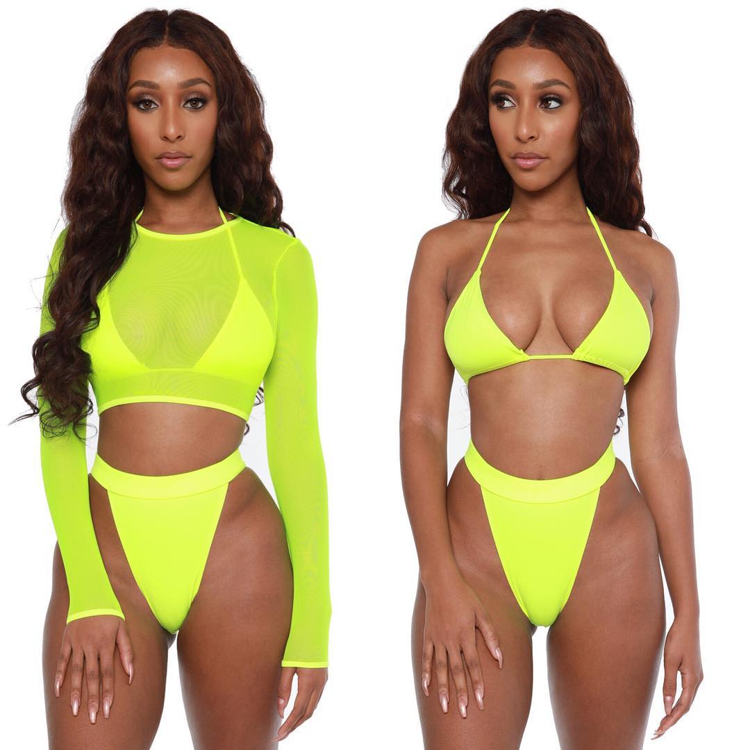 Woman wearing a neon green two-piece outfit on a white background