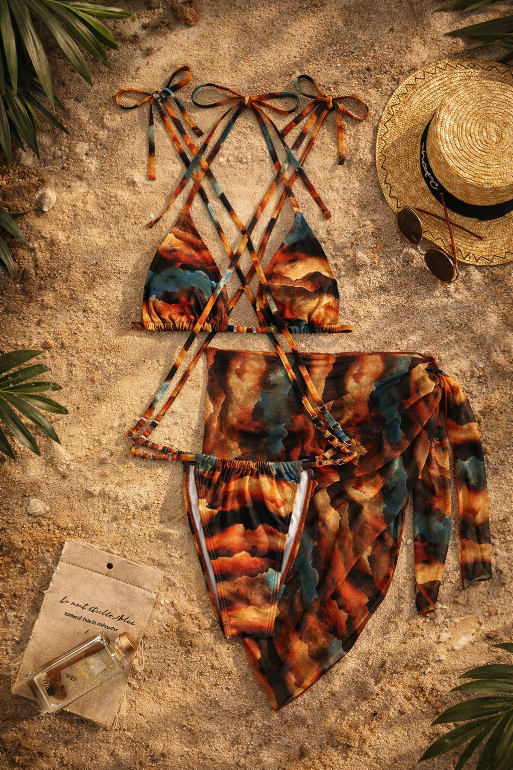 Tie-dye bikini set with a straw hat on a textured surface with leaves.